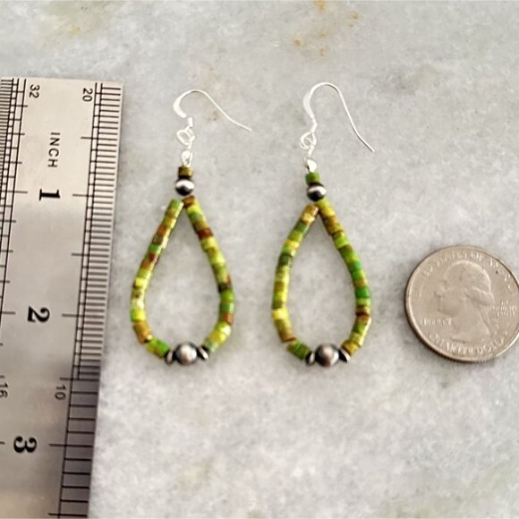 Handmade Navajo Earrings with Turquoise Heishi Beads & Silver Navajo Pendant - Picture 5 of 6